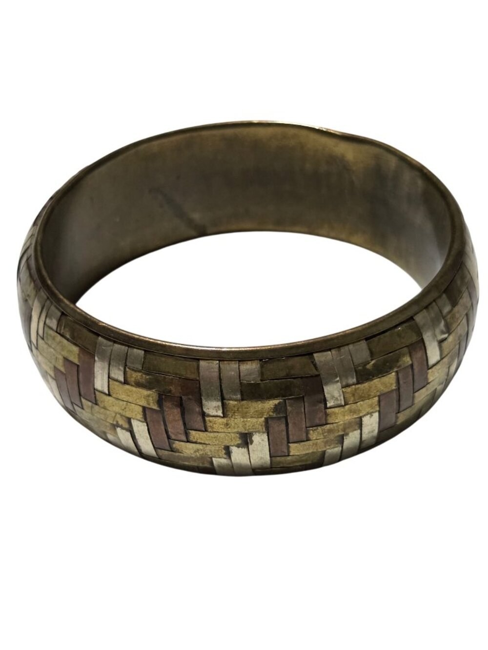 Vintage Brass Bangle Bracelet Woven Metal Inlay Retro Art Deco Fashion Jewelry